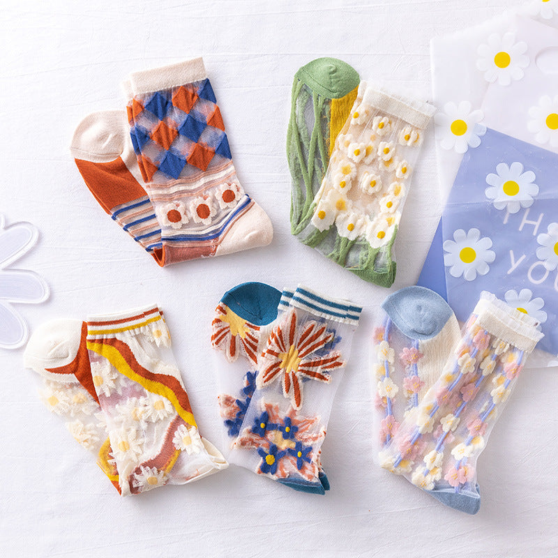 Rufia -  Hollow-out Floral Pattern Sheer Socks