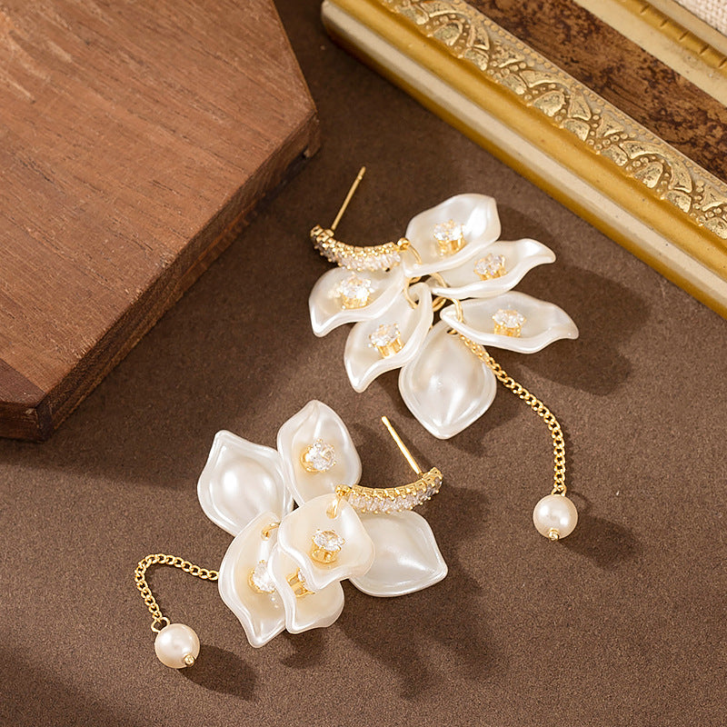 Floral Pearl Tassel Earrings With Zirconia Accents