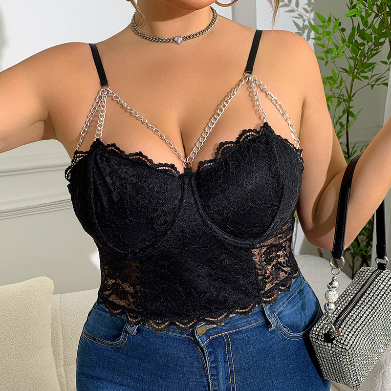 Plus Size Lace Camisole With Chain Detail For Sexy Casual Look