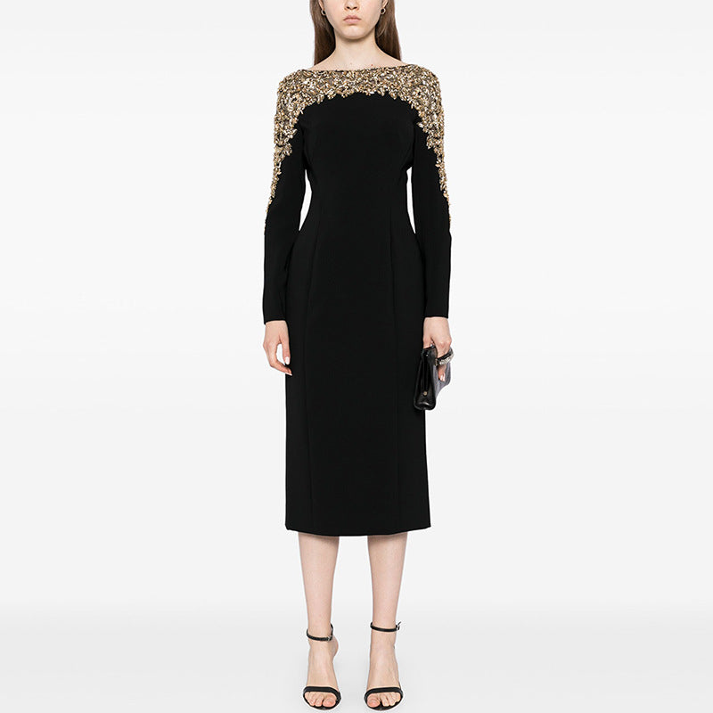 Beaded V-Neck Midi Dress Elegant Street Style