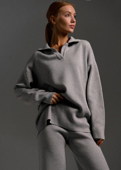 Soft Knit Two Piece Lounge Set With V Neckline