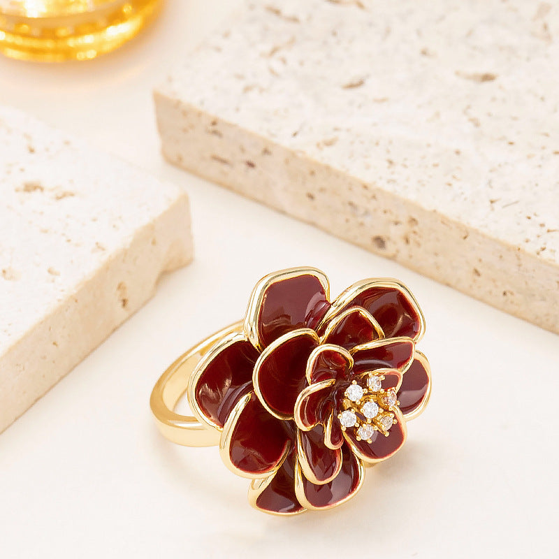 French Elegant Adjustable Drip Glaze Floral Open Ring