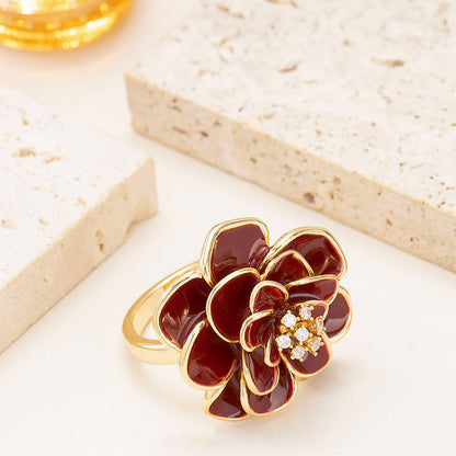 French Elegant Adjustable Drip Glaze Floral Open Ring
