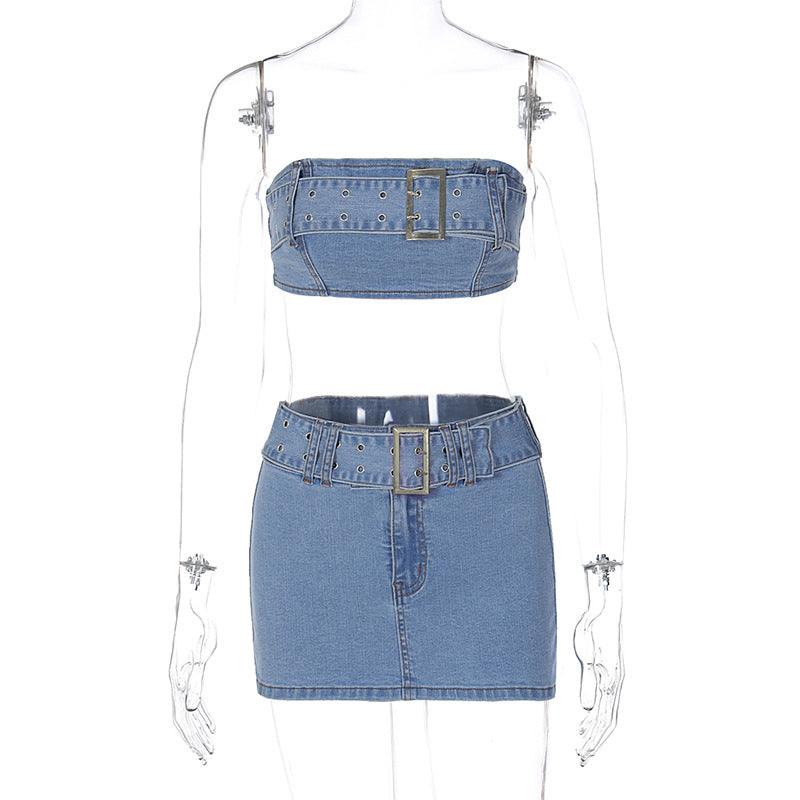 Stylish Slim-Fit Denim Crop Top and Skirt Set