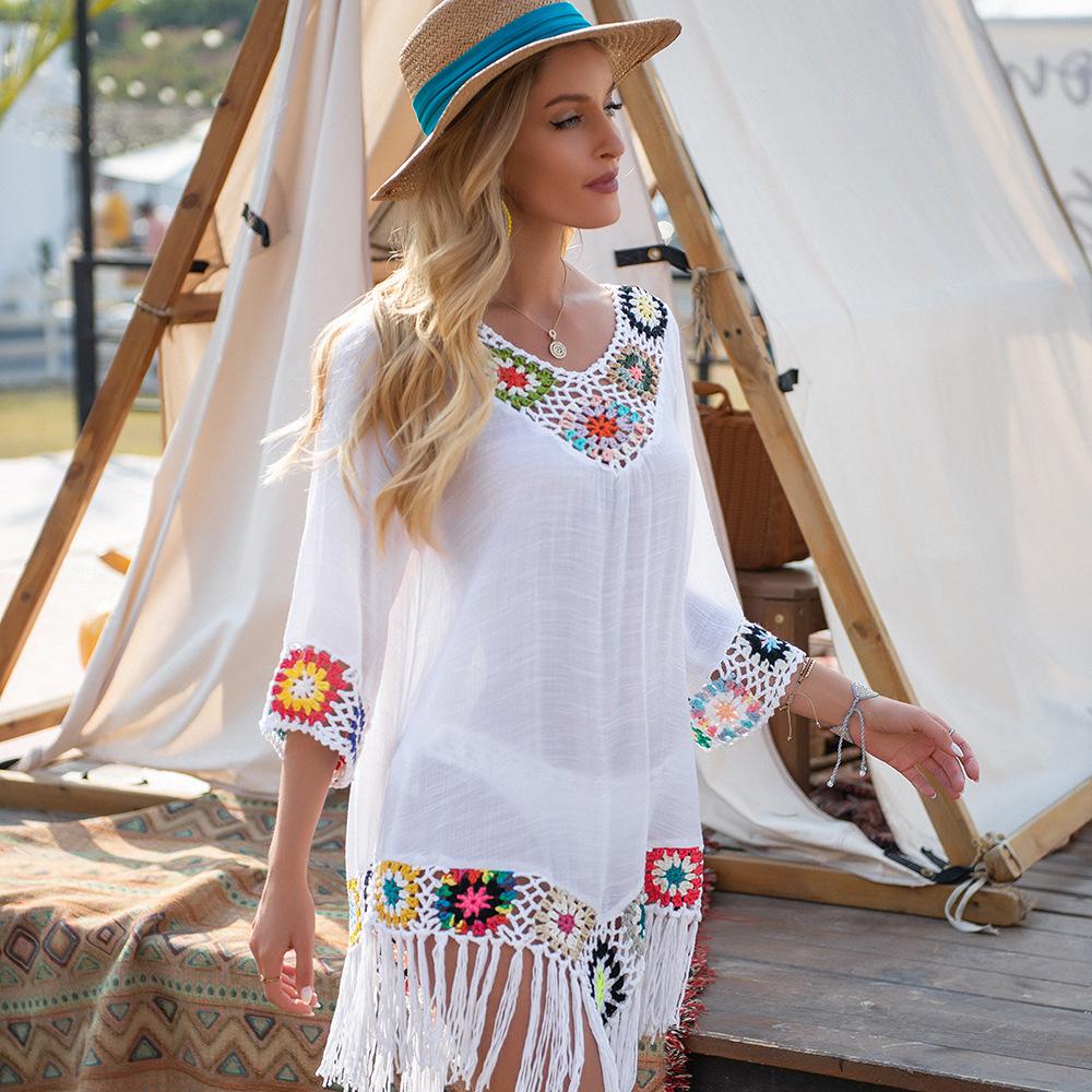 New Off The Shoulder Half Sleeve Hook Pattern Stitching Irregular Tassel Beach Cover Up Shirt Ethnic Style Dress