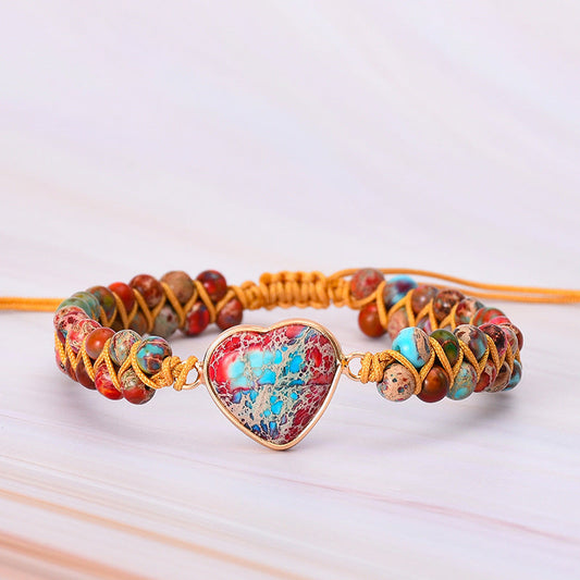 Emperor Stone Peach Heart Shaped Bezel Hand-Woven Bracelet Adjustable