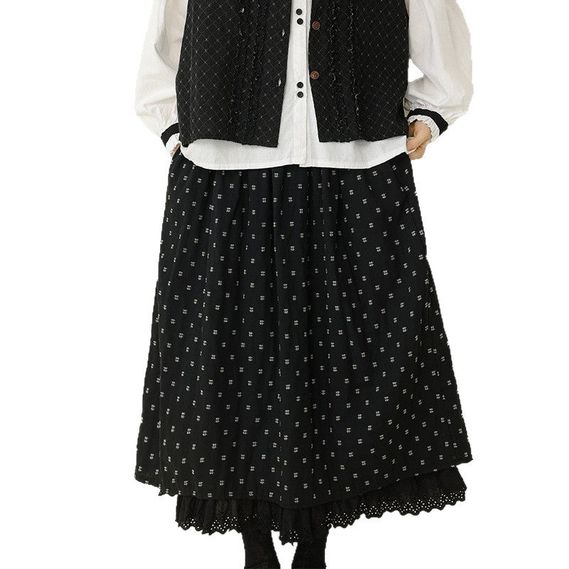 Cotton Geometric Pattern A-Line Skirt with Lace Trim