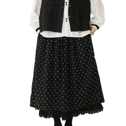 Cotton Geometric Pattern A-Line Skirt with Lace Trim