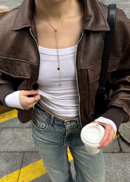 Distressed Faux Leather Zip Jacket With Utility Pockets