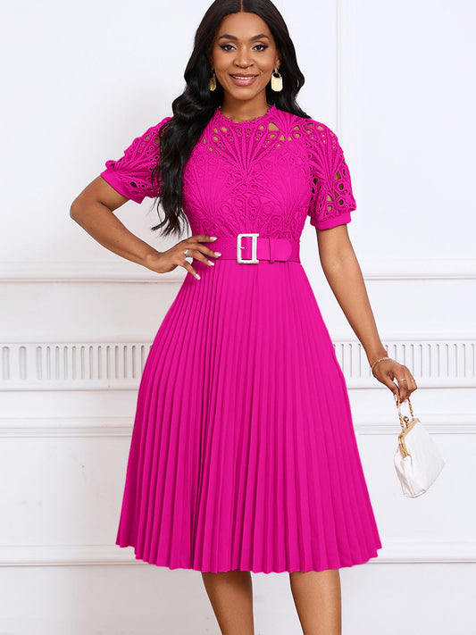 Elegant Lace Trim Short Sleeve A-Line Dress