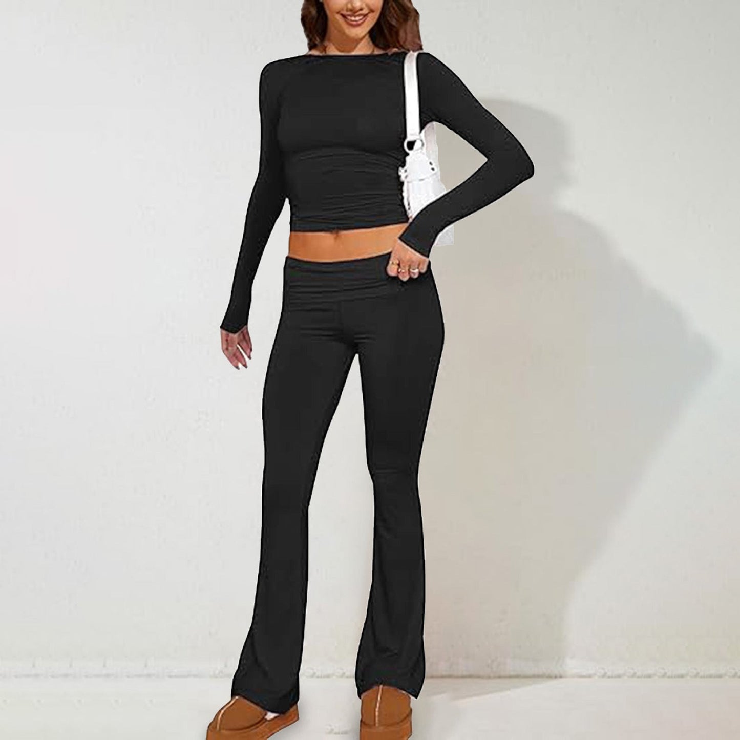 Casual Solid Color Long Sleeve Knit Pants Set