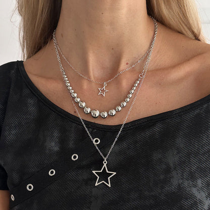 Hip Hop Star Pendant Necklace Set Trendy Ccb Beaded Metal Chain Jewelry