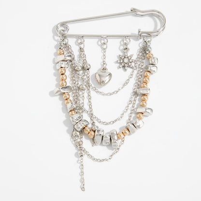 Trendy Metal Chain Tassel Brooch Pin With Stone Detail