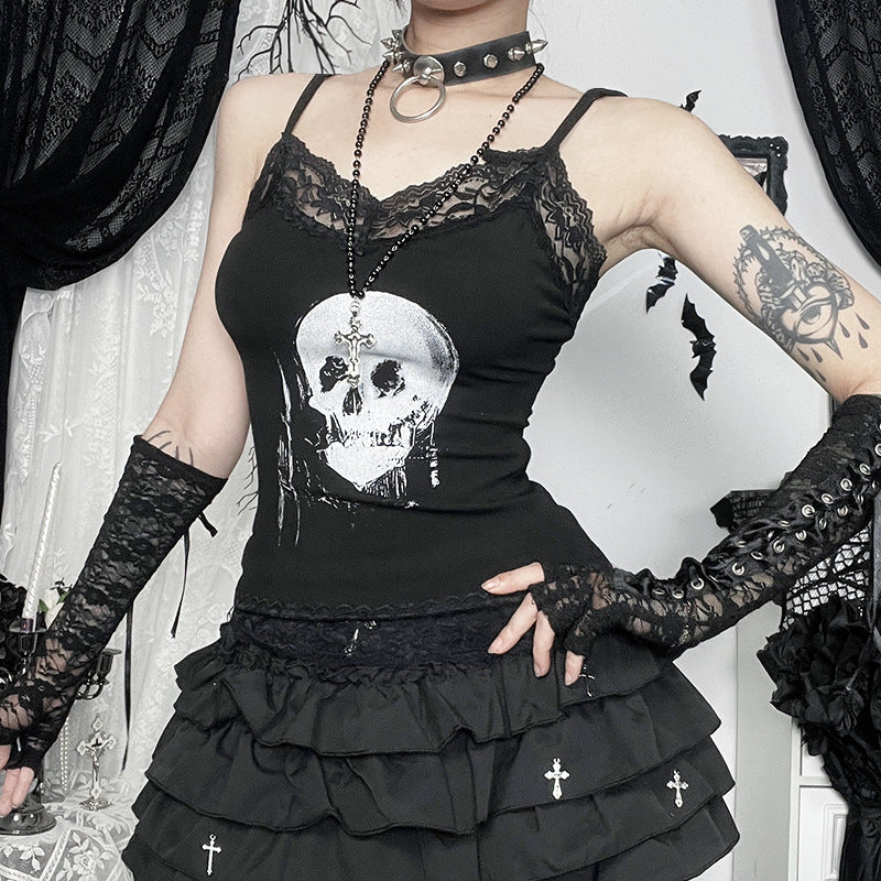 Skull Print Lace Trim Camisole Top for Casual Wear