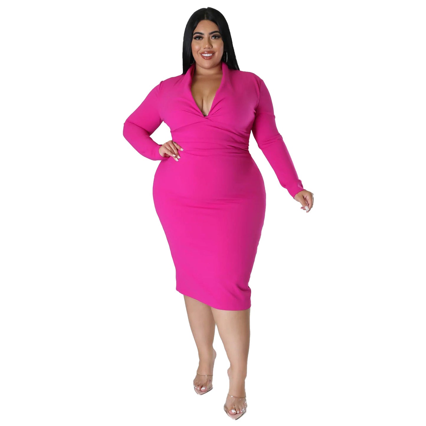 Casual V-Neck Long Sleeve Dress In Solid Colors