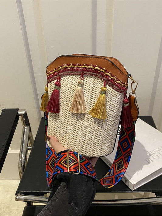 Ethnic Style Woven Bucket Bag Casual PU Crossbody Bag