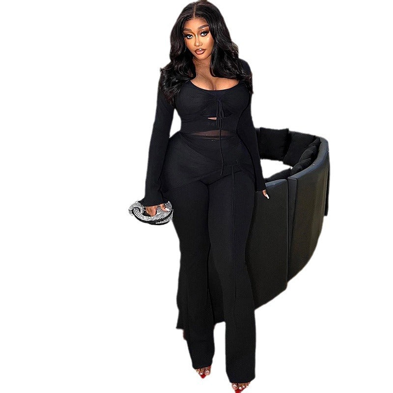 Casual Color Block Two-Piece Set With Mesh Long Sleeve Top And Pants