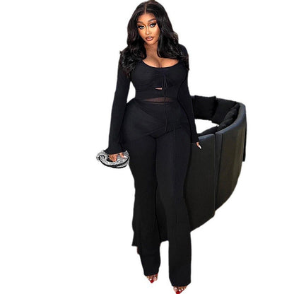 Casual Color Block Two-Piece Set With Mesh Long Sleeve Top And Pants