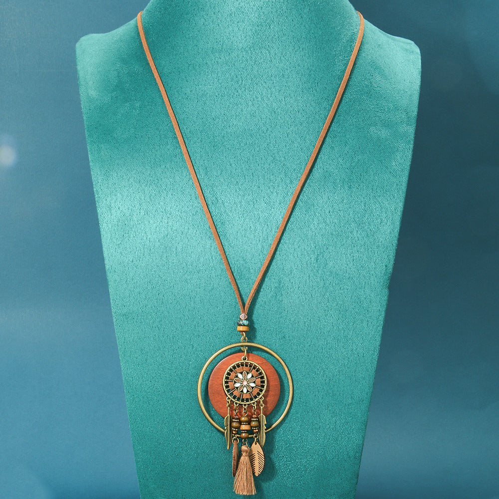 Bohemian Long Necklace with Tassels and Geometric Shapes