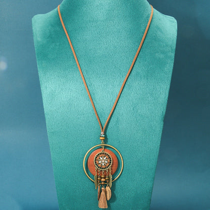 Bohemian Long Necklace with Tassels and Geometric Shapes