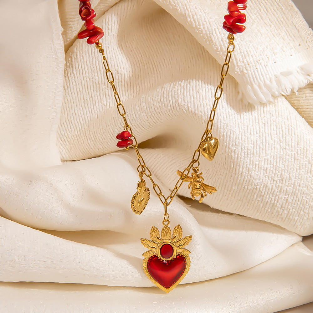 DIY Coral Branch Heart Pendant Stainless Steel Necklace
