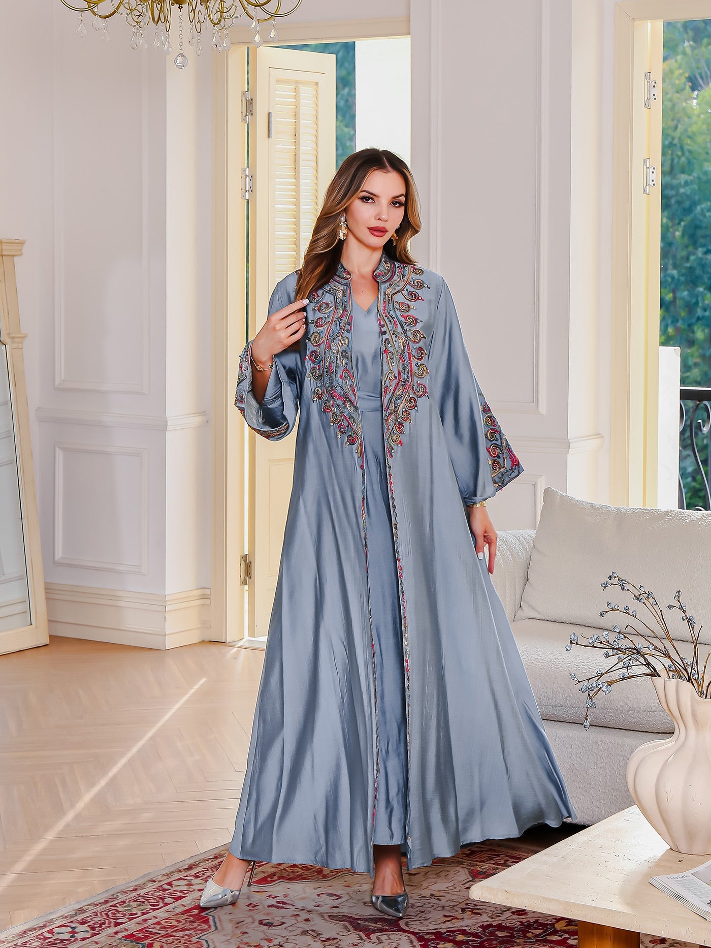 Muslim Embroidered Abaya Dress Two-Piece Evening Wear