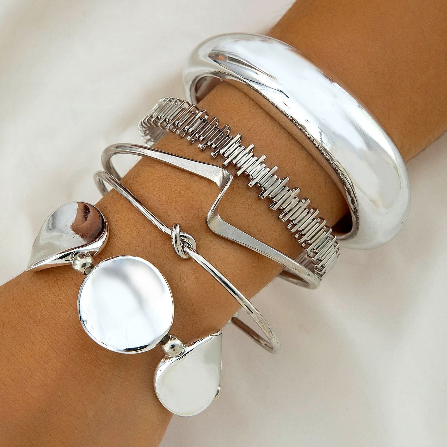 Layered Geometric Statement Cuff Bracelet Set