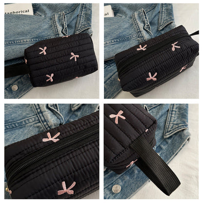 Cute Bow Embroidery Portable Puffer Cosmetic Bag