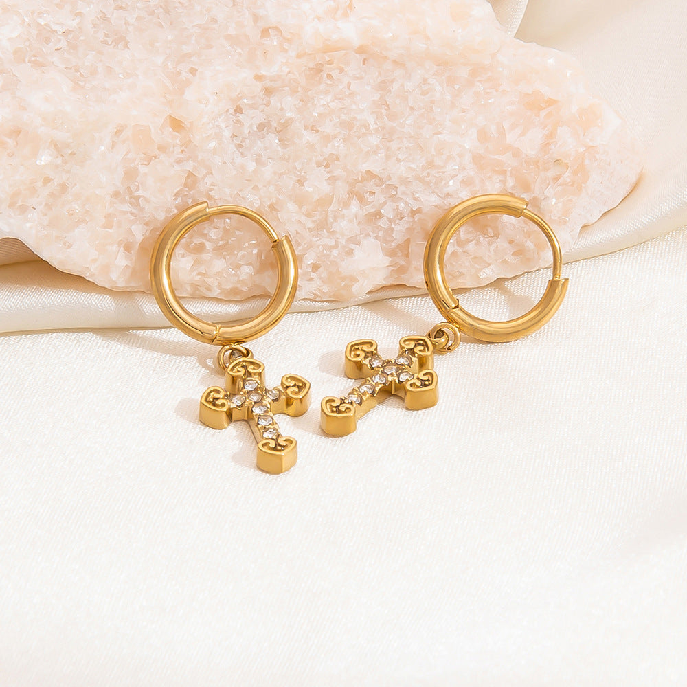 Gold Hollow Cross Earrings with Zircon Stones