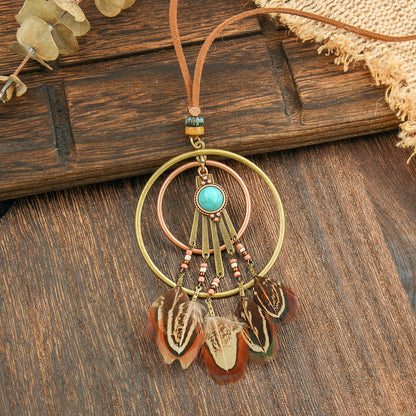 Colorful Feather Pendant Necklace Bohemian Style Butterfly Jewelry