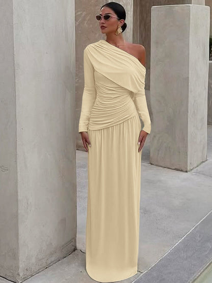 Elegant Off-Shoulder Solid Color Dress with Ruched Waist