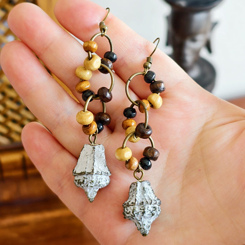Botanical Pattern Wooden Bead Dangle Earrings