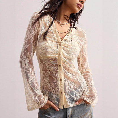 Lace Floral V-Neck Slim Button Up Blouse
