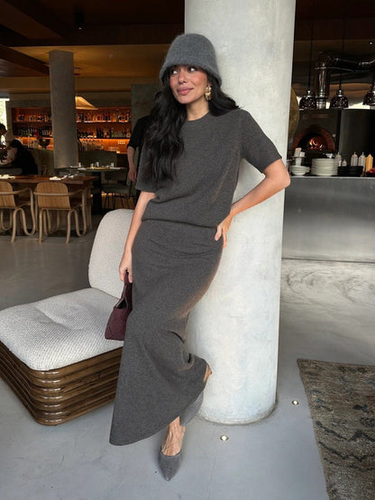 Knit Short Sleeve Skirt Set Solid Color Comfortable Casual