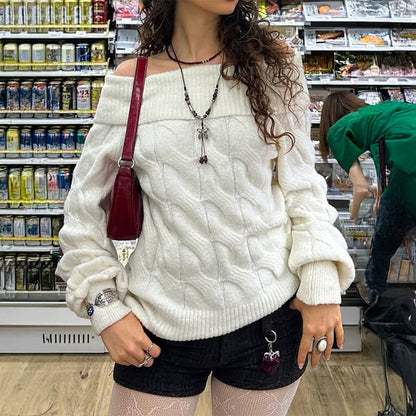 Off-Shoulder Long Sleeve Sweater Fashionable Casual Knitwear