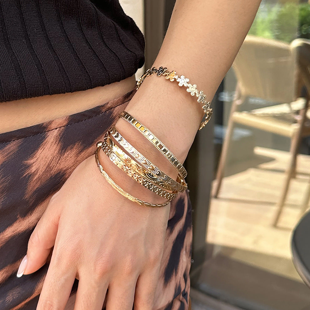 Trendy Floral Engraved Metal Bracelet Set