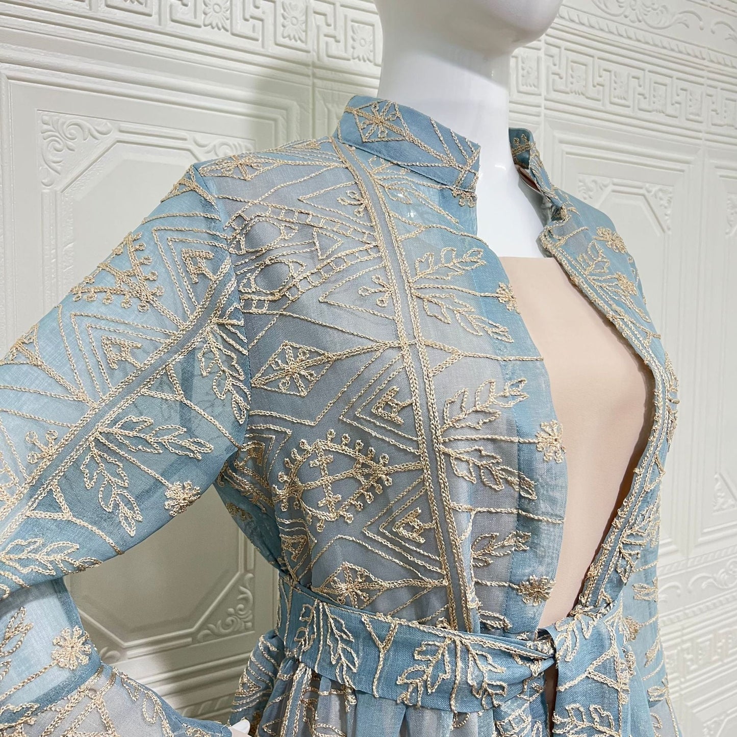 Elegant Long Sleeve Embroidered Dress with Cardigan