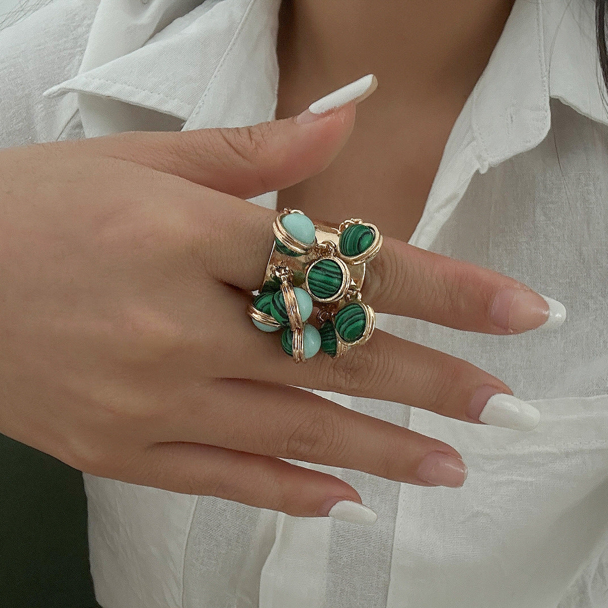 Bohemian Heart Shaped Gemstone Pearl Tassel Ring For Women