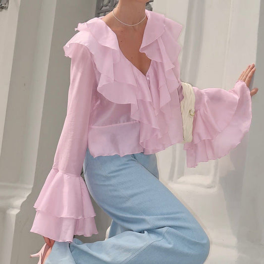 Feminine Ruffle Collar Cardigan Blouse Pink Casual Top