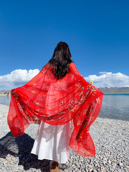 New Super Large Imitation Silk Embroidered Scarf Big Red Shawl With Flower Hat