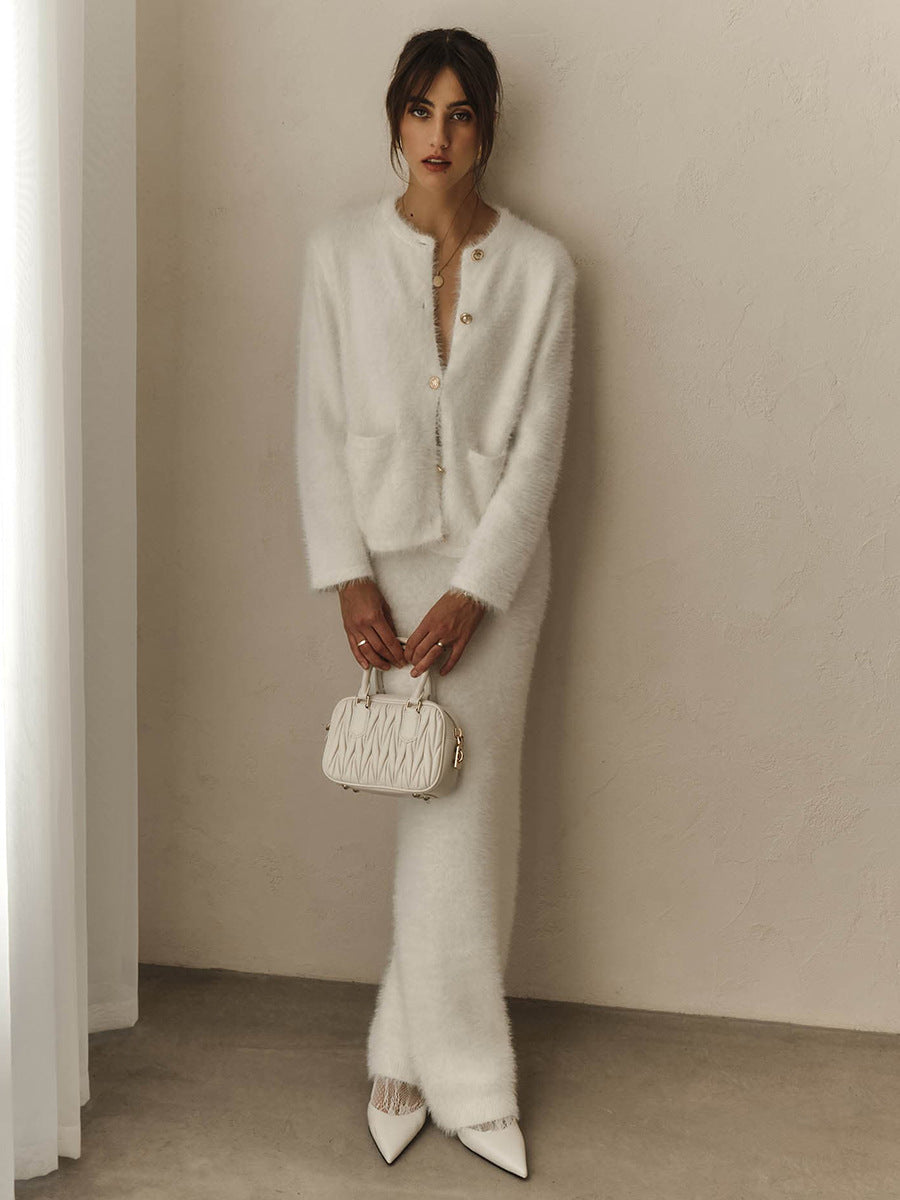 Elegant Cardigan And Midi Skirt Set In White