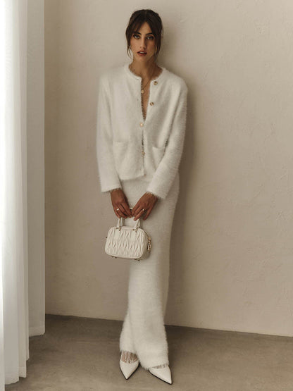 Elegant Cardigan And Midi Skirt Set In White