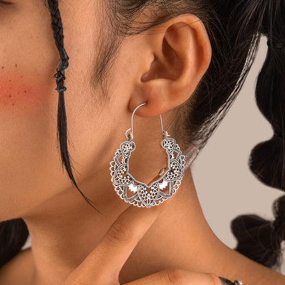 Vintage Geometric Metal Hoop Earrings With Floral Patterns