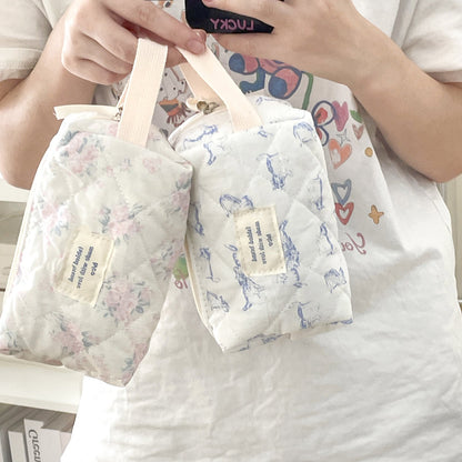 Cute Floral Print Wrist Makeup Bag with Cat Design