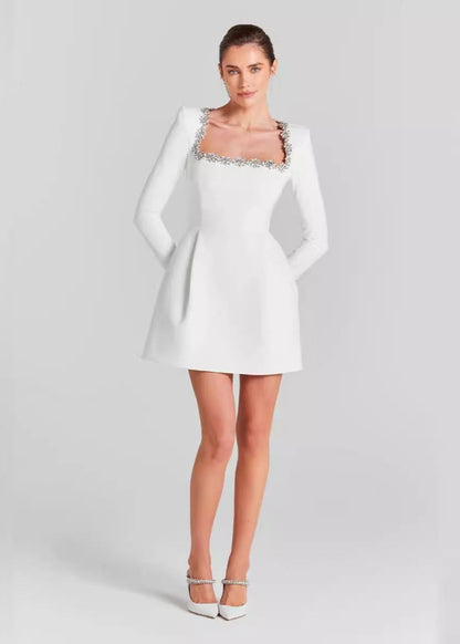 Square Neck Mini Dress Embellished with Rhinestones