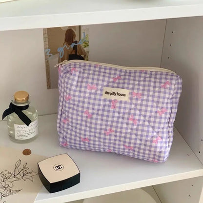 Large Capacity Plaid Bow Cosmetic Bag Retro Style