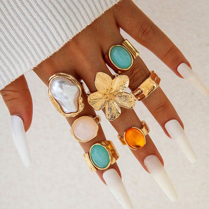 Retro Geometric Adjustable Ring Set With Gemstone Inlays