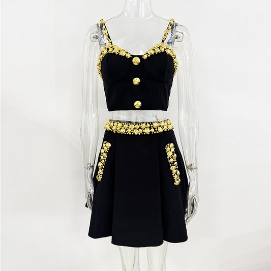 Fashionable Gold Button Decorated Cami Top And Maxi Skirt Set