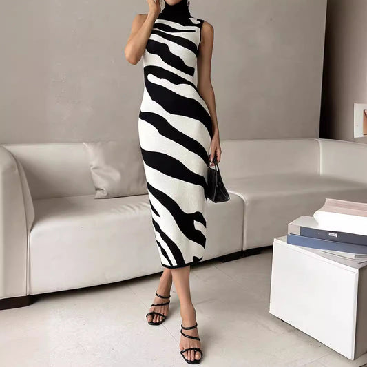 Sexy Striped High Neck Sleeveless Maxi Dress