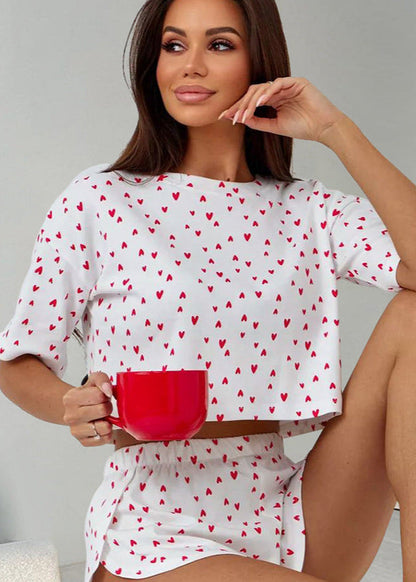 Two Piece Lounge Set Soft Cotton Heart Print